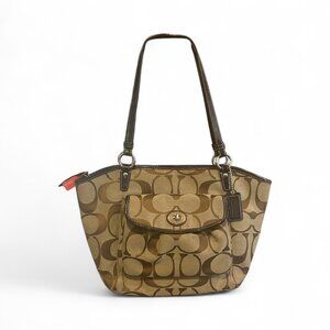Coach Khaki Brown Signature Turnlock Pocket Bag F14659 Authentic Large Tote